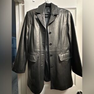 Black Leather Coat - Classic Button-Front Jacket